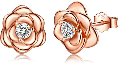Sterling Silver Stud Earrings for Women, Rose Gold Flower Cubic Zirconia Hypoallergenic Helix Cartilage Earrings Jewelry Gifts for Girls
