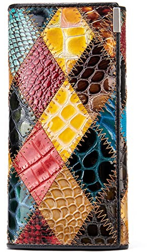 Karoukee Femmes Pliant Long Portefeuille en Cuir Véritable, Sac à Main d'embrayage Patchwork Colorée Unique pour Téléphone, Grande Capacité Porte-Cartes de Crédit Kiss Lock Porte-Monnaie