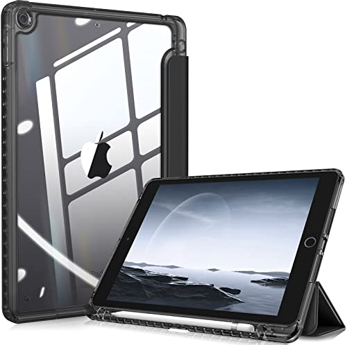 Fintie Hybrid Hülle für 10.2 Zoll iPad 9. Generation 2021/8. Gen 2020/7. Gen 2019 mit Stifthalter - Stoßfeste Schutzhülle mit transparenter Hartschale auf der Rückseite, Pechschwarz