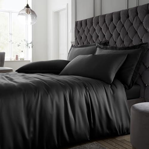 Catherine Lansfield Silky Soft Satin Single Duvet Cover Set with Pillowcase Black