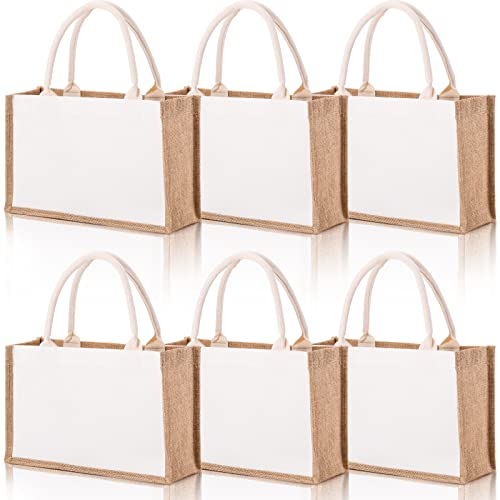 SOUJOY 6 Stück Jute-Tragetasche, wiederverwendbare Jute-Geschenktaschen mit Griffen, wasserabweisende Strandtasche, Leinen-Einkaufstaschen für Brautjungfer, Weihnachten, Hochzeits-Willkommensbeutel
