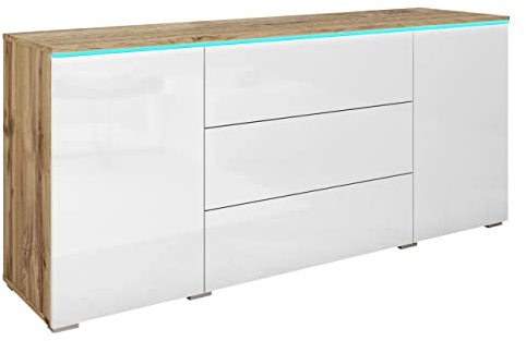 Mirjan24 Kommode Doppo 150 mit 3 Schubladen und 2 Türen, Griffloses Öffnungssystem, Anrichte, Sideboard, Highboard, Mehrzweckschrank (Wotan/Weiß Hochglanz, mit RGB LED Beleuchtung)