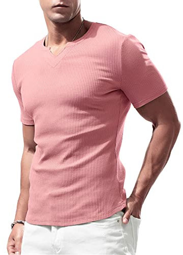 Lehmanlin T-Shirt de Sport à Manches Courtes pour Homme, Col en V Extensible, Coupe Musclée, T-Shirt Léger pour Homme Rose S