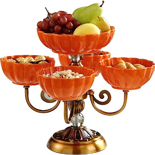 JUNYFFF Fruteros De Cocina Modernos Cerámica, 5 Pisos Cerámica Cesta De Frutas, con Soporte Metálico, Cocina Frutero para Bocadillos, Postres, Pasteles, Organizadores De Fiestas,Amarillo