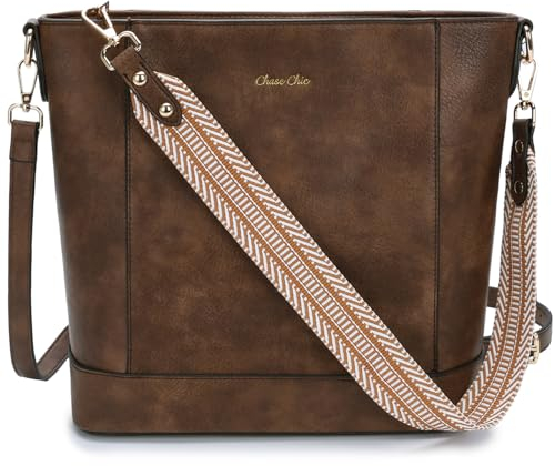 Chase Chic Umhängetasche Damen, PU Leder Handtasche Crossbody Bag Schultertasche,Hobo Tasche Kleine mit 2 verstellbarem Riemen für Alltag Büro Einkauf Kaffeebraun