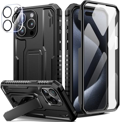 seacosmo für iPhone 15 Pro Hülle Mit Ständer, 360 Grad Stoßfeste Militär Case Eingebautem Panzerglas Displayschutz und Kamera Schutzfolie [9H HD], Outdoor Handyhülle für iPhone 15 Pro - Schwarz