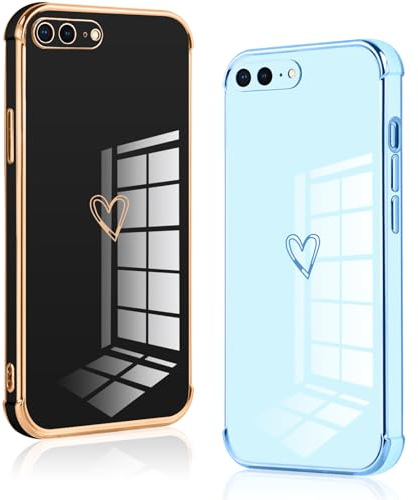 Vauki 2 Stück für iPhone 8 Plus/iPhone 7 Plus Hülle, Silikon Handyhülle Herz Motiv Schutzhülle Kameraschutz Stoßfest Bumper Case für iPhone 8 Plus - Schwarz und Blau