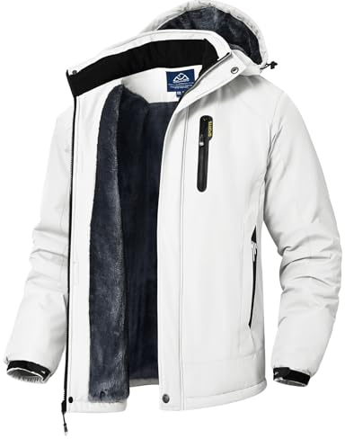 donhobo Herren Winter Skijacke Atmungsaktiv Warm Gefüttert Winterjacke Wasserdichte Winddichte Outdoor Verdickt Funktionsjacke mit Abnehmbarer Kapuze, Weiß, XL
