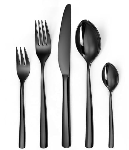 LAZAHOME Besteck Set für 6 Personen,30 teilig Edelstahl Besteckset,Besteck Set Schwarz mit Messer Gabel Löffel,Hochwertiges Edelstahl Spiegelpoliert, Spülmaschinenfest