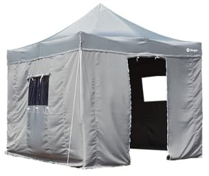 BERGER Seitenwand 4er-Set für Faltpavillon 3x3 m grau│ 3mx3m Seitenteile mit Sichtfenster und Tür für Partyzelt Pavillon zum Camping │ mit Klett- und Reißverschluss, als Windschutz, Sichtschutz