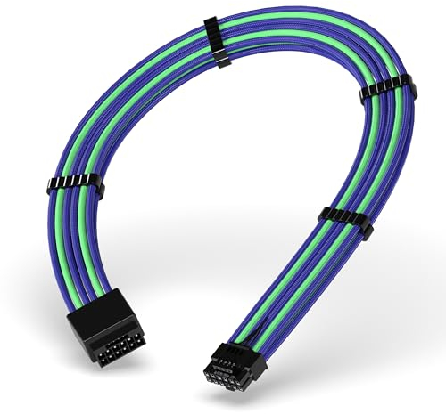 EZDIY-FAB 16-Pin (12+4) 12VHPWR PCIe 5.0 GPU-Sleeved-Verlängerungskabel, Stecker zu Buchse, Kompatibel mit RTX 5080, 5070, 4090, 4080, 4070, 16AWG mit Kabelkämmen/Violett Grün
