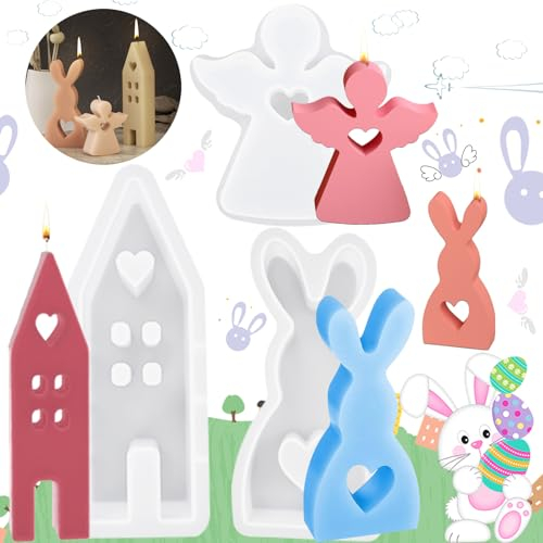 3 Stücke 3D Kaninchen Kerze Silikonform Gips, Osterhase Kerzenhalter, Gießform Engel Silikon, für Kerzenständer, Stabkerzen Teelichter