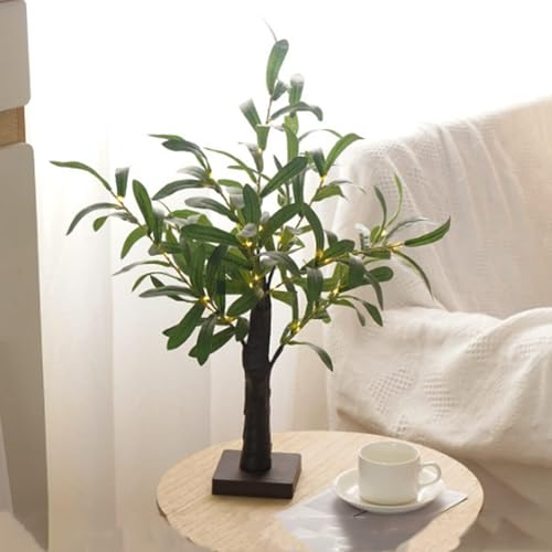 Arbre Lumineux à Feuilles d'olivier de 21,6 Pouces pour Table, Mini Arbre Lumineux bonsaï avec Feuilles d'olivier artificielles et 30 LED Blanc Chaud, pour cheminée,Mariage, décoration de Noël