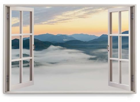 Paul Sinus Wandbild 120x80cm Fensterbild Berge Nebel Natur Sonnenuntergang Abendrot