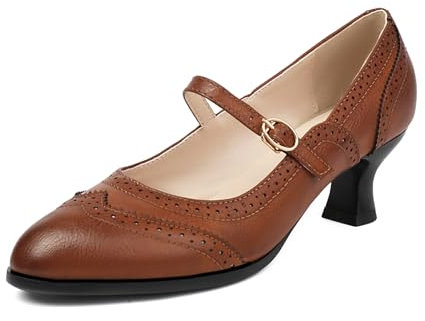 Women Louis Heel Mary Jane Shoes Almond Toe Mid Heel Shoes Buckle Elegant Daily Shoes T81442HN Brown Size 8.5 UK/44