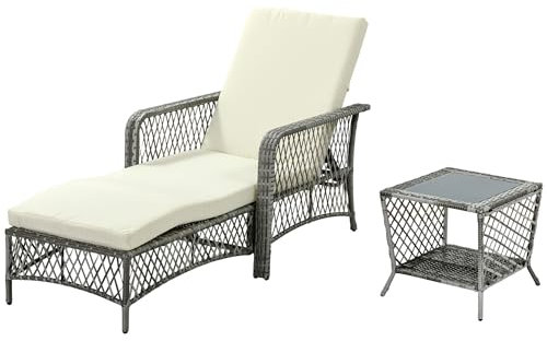 Outsunny PE Rattan Sonnenliege und Beistelltisch Set, 5-Position verstellbare Garten Sonnenliege und Beistelltisch mit 2 Ablagen, Weiß-Creme