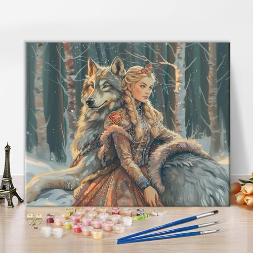TISHIRON Malen nach Zahlen für Erwachsene und Kinder Frau und Wolf Erwachsene Malen nach Zahlen Kits Winter Acrylmalerei mit Pinseln Erwachsene Malen nach Zahlen Kits Ölgemälde Kunsthandwerk