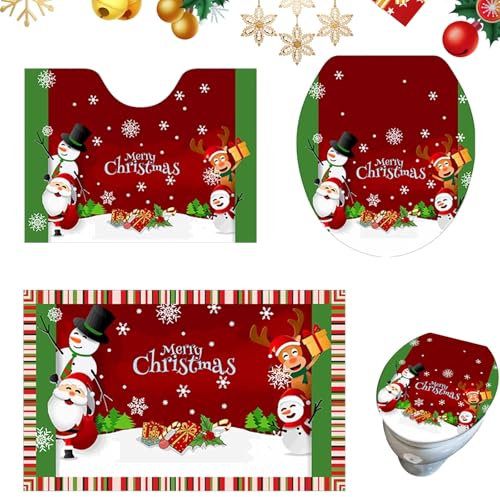 BRTNUP 3pc Toilet Seat Cover & Rug Bathroom Set, Christmas Santa Claus and Snowman Toilet Seat Cover, Red & Green (Red)