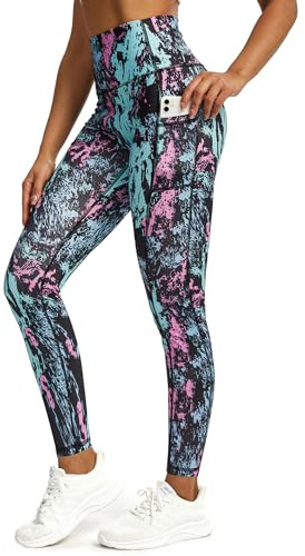 Tuspryt Sport Leggings Damen Lang,Blickdichte Printed Fitnesshose Laufhose Damen mit Taschen