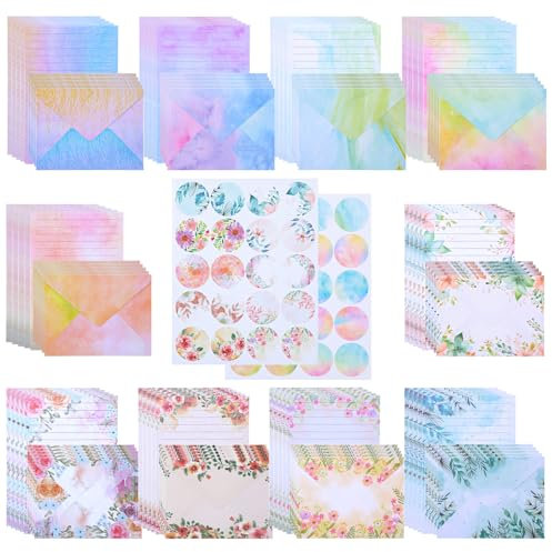 320 Stück Briefpapier mit Umschlag Set (20 Farben), 100 A5 Briefpapier Mädchen und 100 Mriefumschläge a5 mit 120 Sticker, Aquarell Florales Briefpapier Edel, Briefpapier Set für Hochzeitseinladungen