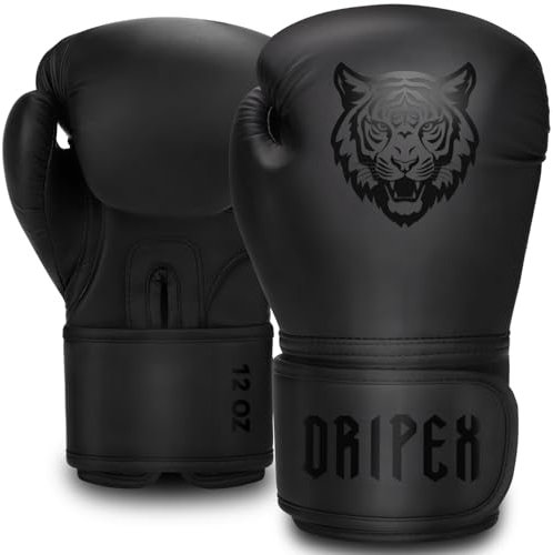 Dripex Boxhandschuhe, Boxsack Handschuhe PU-Leder, MMA Handschuhe Boxing Gloves Männer Damen für Boxen Muay Thai Kickboxen Sparring Kampfsport Training Schwarz(12 oz)