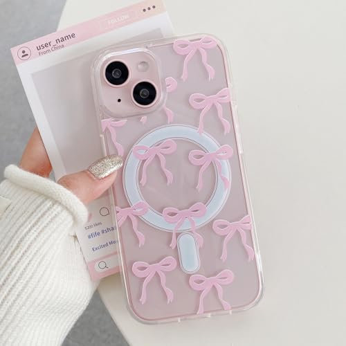 UEEBAI Magnetic for iPhone 11 Case, Bow Case Compatible with MagSafe, Wireless Slim Clear Ribbon Aesthetic Phone Case Anti-Yellowing Shockproof Protective Cover for Women Girl - Pink
