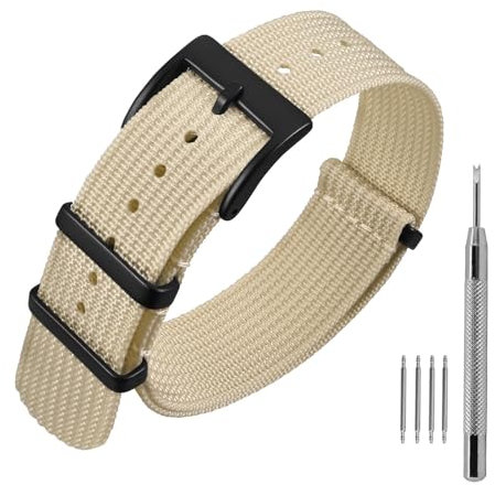 ANNEFIT Nylon Uhrenarmbänder 20mm mit Edelstahl Metall Schwarz Schließe, Sport Atmungsaktive Ersatzarmband (Beige)