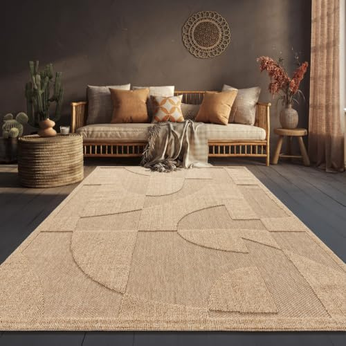 Paco Home Outdoor Teppich Wetterfest Balkon Wohnzimmer Boho Design Abstrakt Geometrisches Muster Einfarbig 3D Effekt Moderne Deko Beige, Grösse:160x220 cm