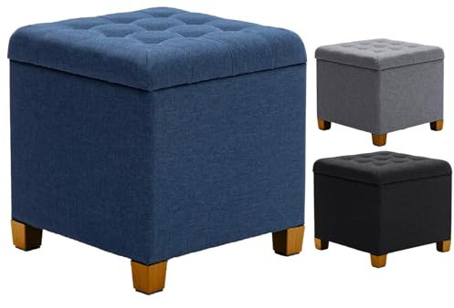 A406 Square Ottoman Storage Padded Stool Foot stool Linen Fabric Stoage Box With Lid Storage Bench Pouffe Seat Stool (Navy)
