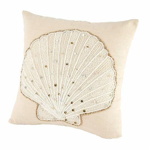 Loberon Kissenhülle Luiv, Handbesticktes Muschel-Motiv, mit Perlmutt-Pailletten Besetzt, Maritimes Design, Kissenbezüge, Wohn-Accessoire, Baumwolle, weiß/beige