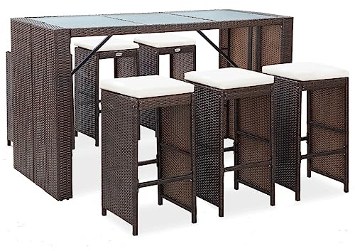 Emmtore Gartenbar Set 7-TLG. mit Auflagen Theke Bar Tresen Gartentheke Bartisch Stehtisch Barhocker Barstuhl Gartenmöbel Poly,Braun