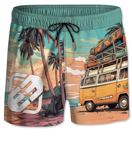 Freegun Maillot de Bain Garçon Séchage Rapide, Short de Bain Enfant, Filet intérieur et Poches Latérales, Taille 8/10 Ans - Jaune/Orange/Turquoise/Noir