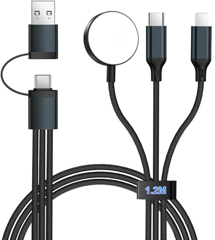 USB C Ladekabel für Apple Watch und iPhone - 1,2 M Universal Nylon Charging Kabel, 3 in 2 SchnellLadekabel Mehrfach Ladegerät für iPhone 16/15/14/13/12/11/iPad/AirPods/iWatch Serien (Schwarz)