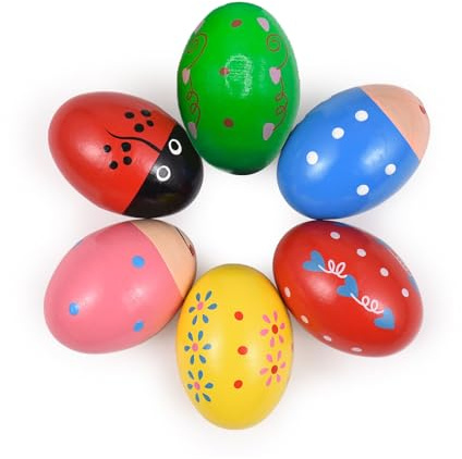 6 Pack Wooden Shake Egg Percussion Instrument Spaßiges Musikinstrument Ostergeschenk Ostern Korb Stuffers Füllstoffe Interessante Musik Eggs für Party Musical