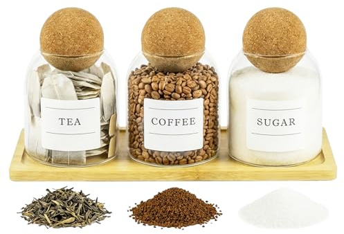 Spares2go Glass Jar Canisters with Cork Ball Lids Tea Coffee Sugar Containers + Wooden Stand + Labels (Set of 3, 500ml Capacity)