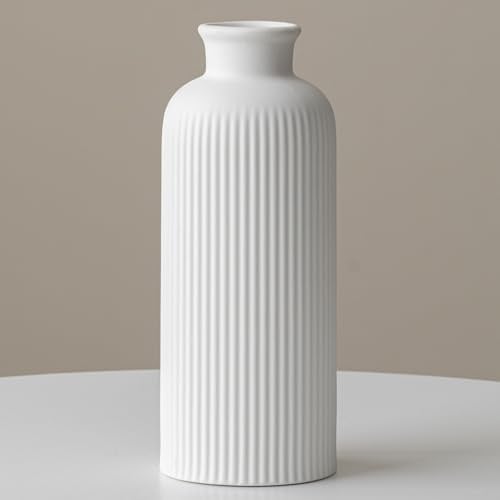 Keramik Vase Bisque Naturweiß, Blumenvase für Pampasgras Deko, 25,4 cm Höhe, 10 cm Breite, Modern für Wohnzimmer Esstisch Büro (Bisque-Weiß)