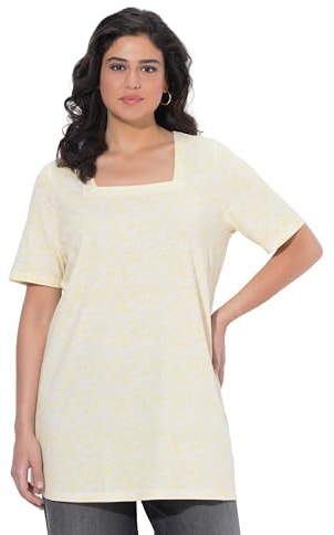 Ulla Popken Damen große Größen Übergrößen Plus Size Longshirt, A-Linie, Carré-Ausschnitt, Halbarm blassgelb 62+ 849521608-62+