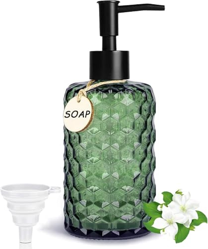 500ml Glass Soap Dispenser Bathroom, Dish Soap Dispenser for Kitchen | Honeycomb Design, Modern Pump Dispenser with Wooden Labels, Black Plastic Pump and Funnel, Liquid Soap Dispenser (Green)