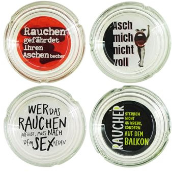 Aschenbecher Glasaschenbecher Ascher Glas runde Ausführung mit lustigen Sprüchen 4 Stück
