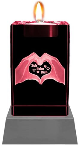 Kaltner Präsente Stimmungslicht Kristall Glasblock mit 3D Gravur/Ich Liebe Dich Geschenke für Frauen, Männer/Jahrestag Geschenk für Sie, Ihn/Gravur Herz/Teelichthalter