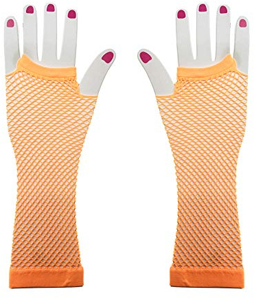 MoreChioce Damen Netz Handschuhe,Frauen Lange Fingerlose Netzhandschuhe Handstulpen für Party Fasching und Show Kostüme,Orange