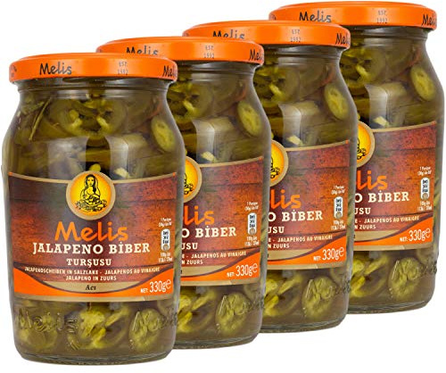Melis - Jalapenos eingelegt in Salz - Branntweinessiglake (scharf) - Fein geschnittene türkische Delikatesse im 4er Set á 330 g Glas