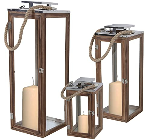 Mojawo 3er XXL Laternen Set Gartenlaternen Stalllaternen Massivholz Windlicht ca.14x14x31 cm + 19x19x51cm + 70x24x24cm mit Edelstahldach
