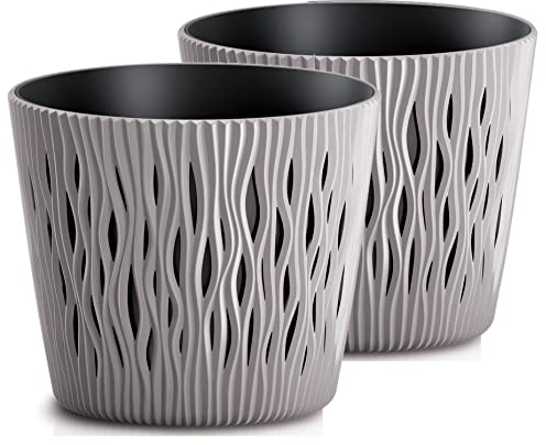 Tymar Blumentopf, 2er-Pack, Übertopf aus Kunststoff, Moderne, Runde Form, Pflanztopf,Innen- und Außenbereich, SR001 (Beige, ø 26 cm)