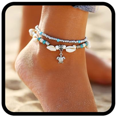 Zoestar Boho Türkis Fußkettchen Silber Schildkröte Fußkettchen Muschel Perlen Fußkette Schmuck für Frauen und Mädchen