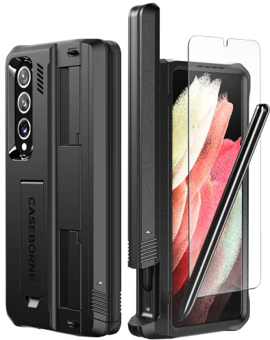 CaseBorne V Funda Compatible con Samsung Galaxy Z Fold 4, Protectora de Cuerpo Completo con Protector de Pantalla de Vidrio Templado, Pata de Cabra, con Soporte para S-Pen (Negro)