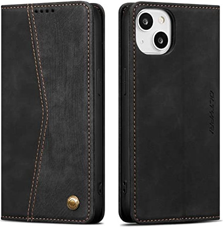 QLTYPRI Wallet Case for iPhone 14, Vintage PU Leather Folio Case with Card Slots Kickstand Magnetic Closure Shockproof Flip Phone Cover for iPhone 14 - Retro Black
