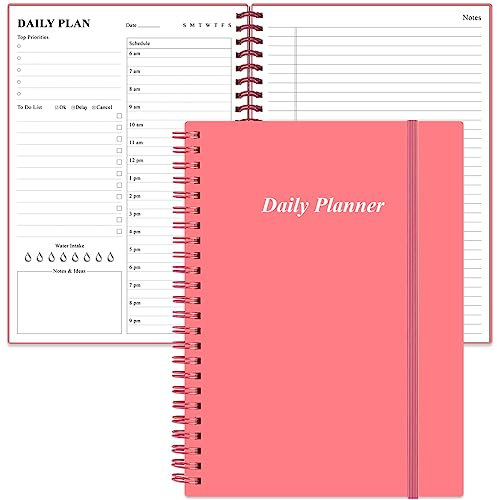 Tagesplaner undatiert – B5 To Do Liste, Notizbuch, Stundenpläne, Spiral-Terminplaner für Damen und Herren, PVC-Hardcover, Innentasche, elastischer Verschluss, 17,8 x 25,4 cm, Rosa