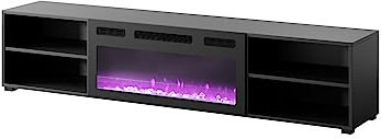 Homlando Mobile basso per TV, 180 cm, sospeso o in piedi, moderno supporto per TV con spazio per il soggiorno, credenza, camino elettrico (nero opaco con camino elettrico nero)