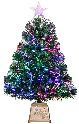 Petit sapin de Noël artificiel pré-éclairé en fibre optique verte de 61 cm, petit sapin de Noël de table avec étoiles, décoration de maison de vacances